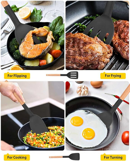 Pack of 2 Silicone Cooking Spatula, Heat Resistant Solid Turner, Non Stick Slotted Spatulas with Wooden Short Handle,Ideal Wood Kitchen Utensils Set for Frying, Baking, Flipping, Turning