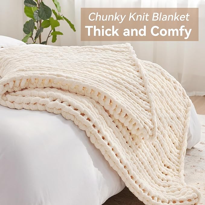Negwoo Chunky Knit Throw Blanket, 30''*40'' Knitted Throw Chenille Yarn for Bed Couch, Handmade Cream Crochet Big Thick Blanket, Machine Washable Cute Comfy Blanket for Home Decor