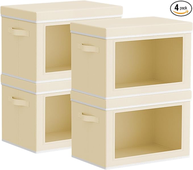 Homsorout Storage Bins with Lids - Small Fabric Organizers with Window, Collapsible Storage Bins for Clothes, Decorative Closet Organizers for Towels, Tshirt, 4 Pack, Beige