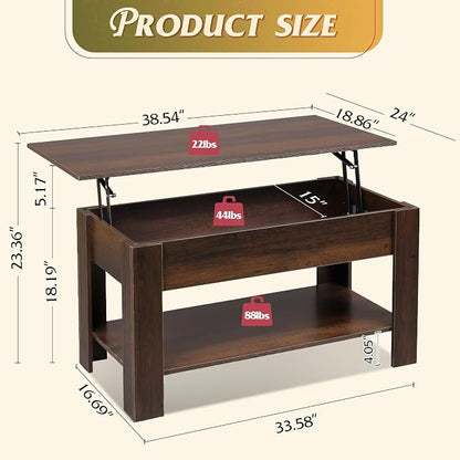 WLIVE Coffee Table, 39" Lift Top Coffee Table with Hidden Compartment, Storage Shelf and Lifting Top for Home Living Room, Office and Reception Room,Espresso
