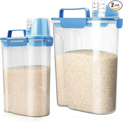 Viretec Rice Storage Container, 5 to 10lb Dry Food Airtight Dispenser, Pet Dog Cat Food Canister, BPA Free Clear Plastic Kitchen and Pantry Bin for Oatmeal, Cereal, Pasta, Flour Pack of 2 Blue