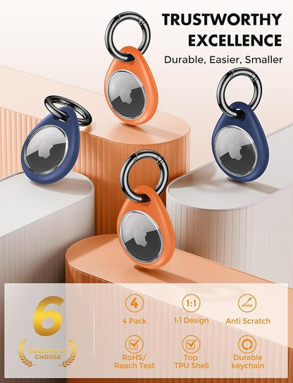 UNBREAKcable AirTag Holder for Apple - 4 Pack Air Tag Case [Fit Tightly Design] [Easy to Install] [Hold Securely] Waterproof TPU Protective Cover with Metal Keychain for Kids,Pet,Luggage,Backpack,Keys
