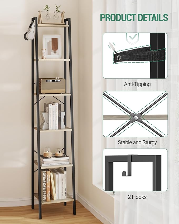 Ladder Shelf, Bookshelf Bookcase, Freestanding Corner Storage Shelve with 2 Hooks for Home Office, Living Room, Kitchen, Bedroom, Industrial, 11.8" D x 13.4" W x 72.8" H, Greige BC13305B