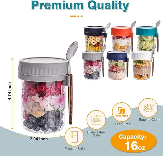 6 Pack Overnight Oats Containers with Lids and Spoons, 16 OZ Glass Oatmeal Container With Measurement Marks for Chia Pudding, Yogurt, Breakfast, Airtight Leak Proof, Clear