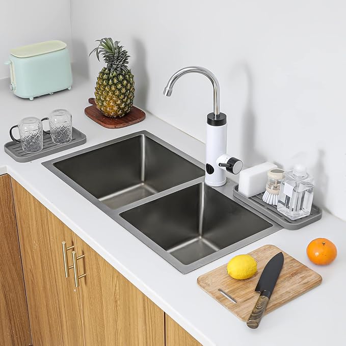 MicoYang Silicone Kitchen Sink Organizer Tray for Multiple Usage,Eco-Friendly Sponges Holder for Kitchen Bathroom Counter or Sink,Dish Soap Dispenser,Scrubber,Bottle,Cup (Grey, 10"×5.3")