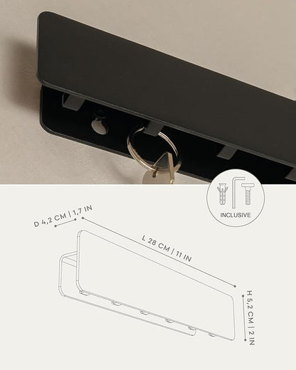 Kazai. Key Holder for Wall 'Kian' | Minimalist Key Rack Design from Berlin | Modern Metal Wall Key Hooks with Shelf | Mail and Key Holder for Entryway | Black