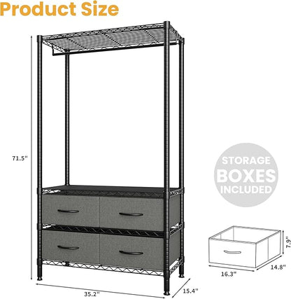 Heavy Duty Clothes Rack With 4 Fabric Drawers and Adjustable Shelves, Freestanding Clothing Rack with Hanging Rod for Hanging Clothes, 71.5" H x 35.2" W x 15.4" D