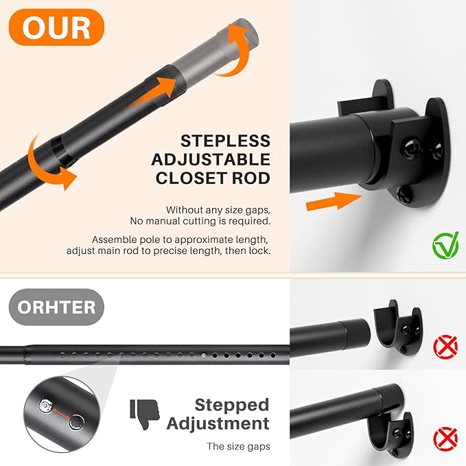 Closet Rod for Hanging Clothes, 17 to 52 Inch Adjustable Closet Hanging Rod, Heavy Duty Clothes Hanging Rod Bar Black Metal Closet Poles with Threads for Wardrobes, Closet, Bathroom, Windows