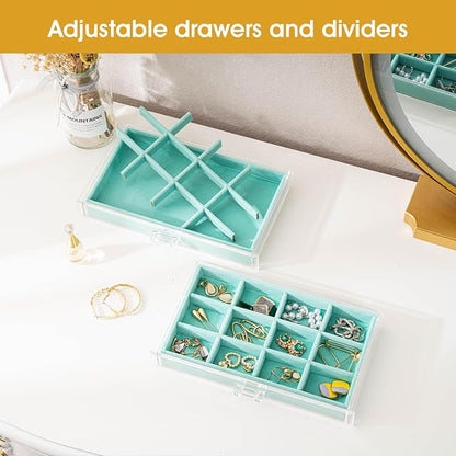 ProCase Earring Holder Organizer Jewelry Box with 8 Drawers, Acrylic Clear Earring Case with Adjustable Velvet Trays for Women - Aqua, 8 Layers