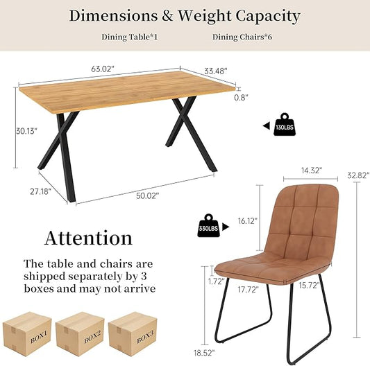 HIPIHOM 7-Piece Dining Table Set for 6 People, 63" MDF Kitchen Table with 6 Upholstered Chairs, Metal Legs for Dining Room, Kitchen(Oak Table+6 U-Shaped Brown Chairs)