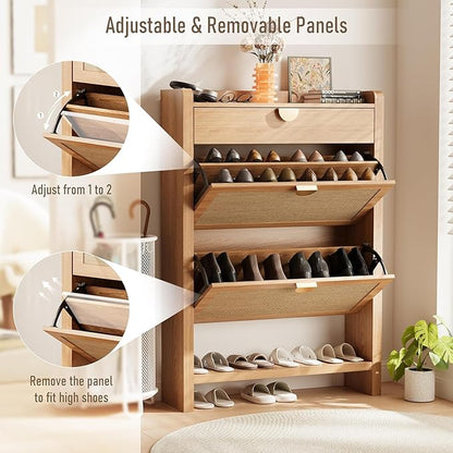 Rattan Shoe Storage Cabinet, Entryway Shoe Organizer with 2 Flip Drawers, Narrow Shoes Cabinet, Free Standing Hidden Shoe Storage, Shoe Rack for Entryway/Hallway/Front Door
