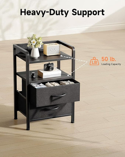 Lazzanto Night Stand Bedside Charger Bedroom - Nightstand with Charging Station & LED Light Strip, Night Stand with Storage Shelf & 2 Fabric Drawers, Morden End Table with U-S-B Ports & AC Outlets