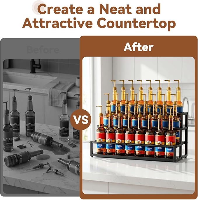 Nuovoware Expandable Coffee Syrup Organizer, 3-Tier Syrup Rack Holds 15-24 Bottles, Adjustable Width Carbon Steel Coffee Bar Organizer for Countertop Kitchen Bar, Liquor Dressing Seasoning, Black