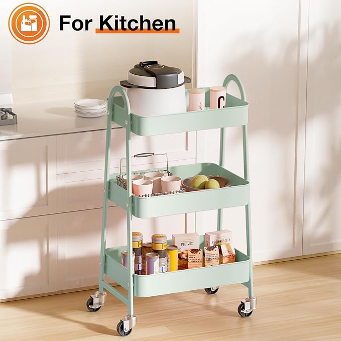 NEWBULIG 3-Tier Metal Rolling Storage Cart, Heavy Duty Mobile Utility Organizer Shelf with Lockable Wheels, Multifunctional Trolley for Daily Supplies, Home Indoor Daily Use, Green