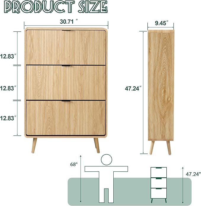Narrow Shoe Cabinet Storage for Entryway,Slim Shoe Cabinet with 2 Flip Drawers, Fluted Shoes Rack Organizer (All Natural, 3 Drawers)