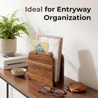 Acacia Wood Mail Organizer Countertop -Small Letter Holder for Desk, Rustic Farmhouse Decor, Upright Bill postcards, and notepads Stand for Entryway & Office，Also Works as Napkin Holder