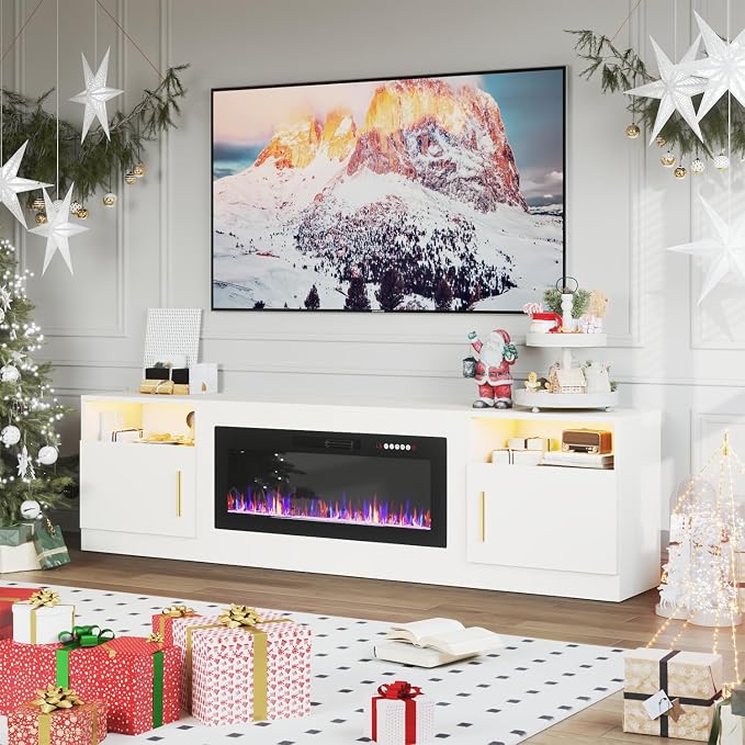 PRETZI Fireplace TV Stand with 36" Fireplace Up to 90" TVs, 80" Entertainment Center with LED Lights, Remote Control, TV Media Console with Storage Cabinets for Living Room, White