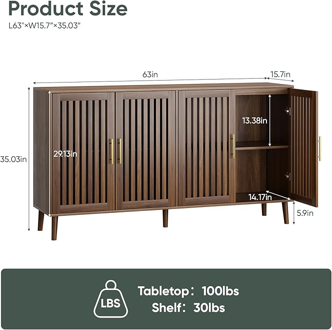 63" Long Sideboard Buffet with 4 Slatted Doors, Farmhouse Buffet Storage Cabinet with Adjustable Shelf, Coffee Bar Cabinet for Entryway, Kitchen, Dining Room, Living Room, Walnut Color | 4 Louvered Doors, Farmhouse Buffet, Storage Cabinet, Gold Handle,...