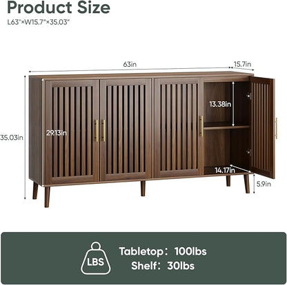 63" Long Sideboard Buffet with 4 Slatted Doors, Farmhouse Buffet Storage Cabinet with Adjustable Shelf, Coffee Bar Cabinet for Entryway, Kitchen, Dining Room, Living Room, Walnut Color | 4 Louvered Doors, Farmhouse Buffet, Storage Cabinet, Gold Handle,...