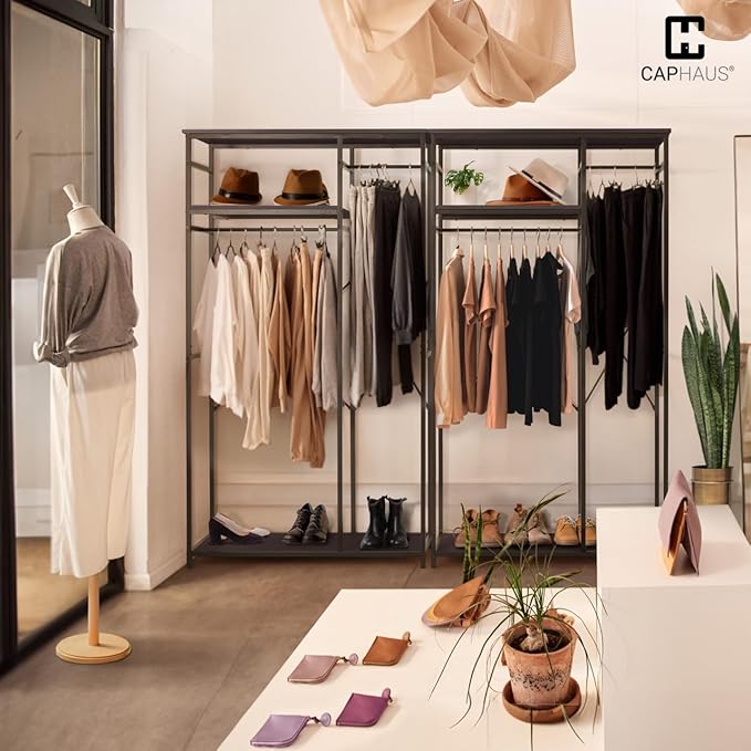 CAPHAUS 550lbs Capacity Garment Rack for Hanging Clothes, Heavy Duty Metal Open Wardrobe w/Hanging Rods & Drawers, Free Standing Closet Organizer, Metal Closet w/Wooden Boards, Black Vintage Board