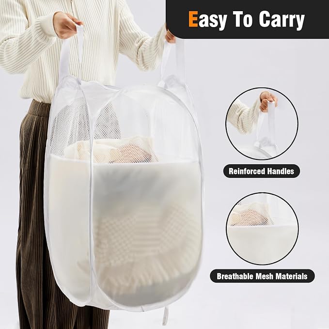 TECHMILLY Pop Up Foldable Laundry Basket, Mesh Laundry Hamper with Reinforced Handles for Dirty Clothes Storage in Dorm, Laundry Room, Bathroom, White(Fabric)