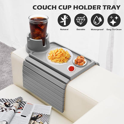 GHKINMAL Couch Cup Holder Tray, Large Couch Arm Table with 360° Ratated Phone Holder, 3 in 1 Bamboo Sofa Armrest Tray with Anti-Slip Couch Organizer for Remote,Cellphone,Snacks