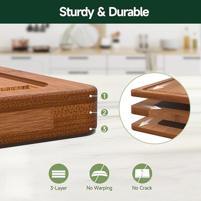 3-Piece Set Bamboo Cutting Board for Kitchen - Crack-Resistant Wood Chopping Boards with Deep Juice Grooves, Pre-Oiled Butcher Block for Meat, Vegetables & Cheese, Carbonized