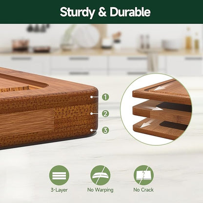 3-Piece Set Bamboo Cutting Board for Kitchen - Crack-Resistant Wood Chopping Boards with Deep Juice Grooves, Pre-Oiled Butcher Block for Meat, Vegetables & Cheese, Carbonized