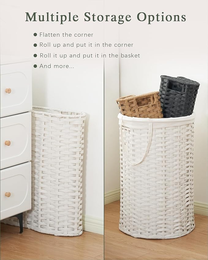 34.3 Gal (130 L) Large Laundry Hamper Laundry Basket Round Handwoven Wicker Laundry Baskets Rattan Laundry Basket with Removable Bag Handles 2 Mesh Bags for Living Room Bedroom White (No Lid)