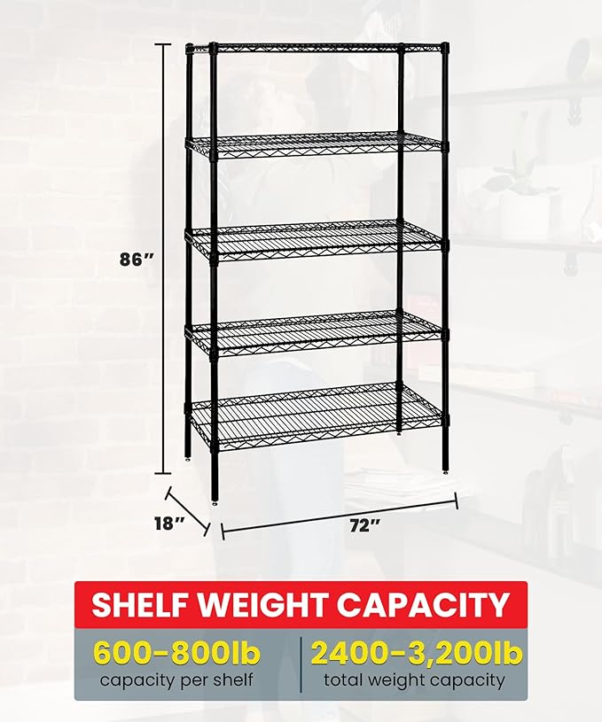 Quantum Storage Systems WR86-1872BK-5 Starter Kit Wire Shelves Black Epoxy 5 Shelves 86" H x 72" W x 18" D