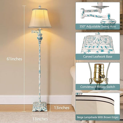 PARTPHONER Vintage Floor Lamps for Living Room,Traditional 350° Adjustable Swing Arm Farmhouse Floor Lamp for Bedroom, Rustic Standing Lamp Pole Lamps for Reading, Home Décor and Office, Washed Blue