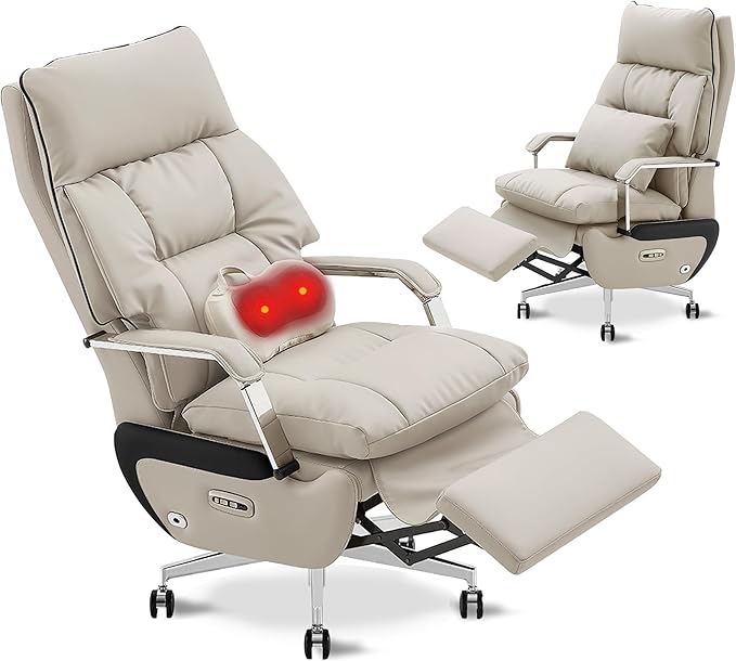 Dual Motor Executive Home Reclining Office Chair with Footrest - One-Click Electric Recline with Massage & Pillow Support Big and Tall PU Leather Ergonomic Desk Chair, High Back Wide Seat (White)