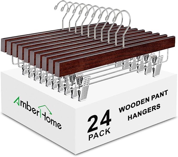 Amber Home 24 Pack Retro Wooden Pants Hangers with Clips, Walnut Wood Bottom Jeans Skirt Hanger, Clip Hanger for Trousers, Slacks, Shorts (Vintage, 24)