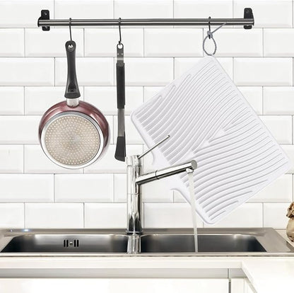 TIKNIK Silicone Dish Drying Mat for Kitchen Counter - Heat Resistant & Non-Slip Dish Drain Pad with Built-In Drain, Dishwasher Safe, Quick-Dry, Hangable & Roll-Up for Storage, White-1pcs, 20" x 15"