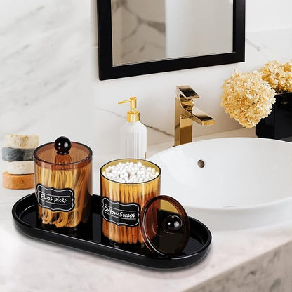 SheeChung 4-Pack Amber Acrylic Apothecary Jars - (2) 10oz & (2) 12oz Qtip Holder Set - Shatterproof Bathroom Vanity Organizer for Cotton Swabs,Balls,Pads - Modern Farmhouse Decor