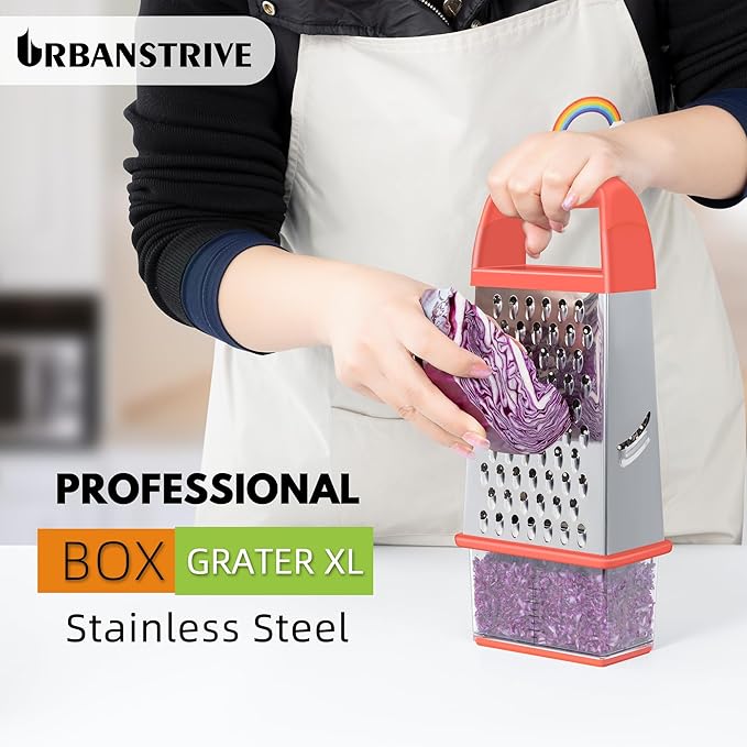 Urbanstrive Cheese Grater With Container, Professional Cheese Grater with Handle, Stainless Steel Graters for Kitchen Handheld, Box Grater with 4 Sides for Vegetables, Ginger, Potatoes (Coral)