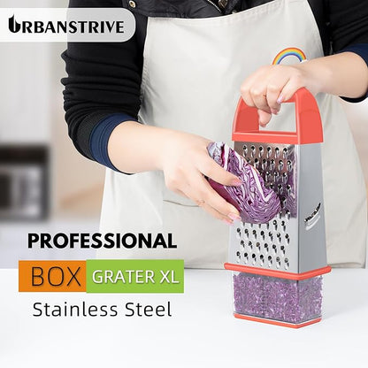 Urbanstrive Cheese Grater With Container, Professional Cheese Grater with Handle, Stainless Steel Graters for Kitchen Handheld, Box Grater with 4 Sides for Vegetables, Ginger, Potatoes (Coral)