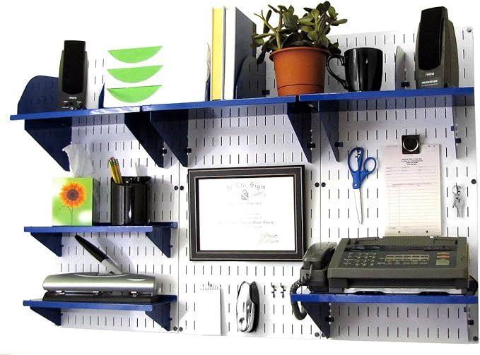 Wall Control Office Organizer Unit Wall Mounted Office Desk Storage and Organization Kit Slotted White Wallboards and Blue Accessories