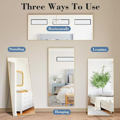 NEWBULIG Mirror Full Length, 56"x15" Body Wall Mirrors with Shatter-Proof Glass, Upgraded Floor Standing Mirror, Hanging or Leaning, with Stand Aluminum Alloy Frame for Home Decor, Bedroom, Gold