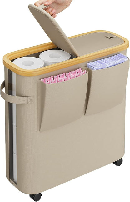 VITVITI Toilet Paper Storage Basket with Lid, Bathroom Toilet Paper Holder Organizer for 9-12 Rolls Large Capacity, Foldable Fabric Bamboo Toilet Paper Container with Pockets, Medium (Khaki)