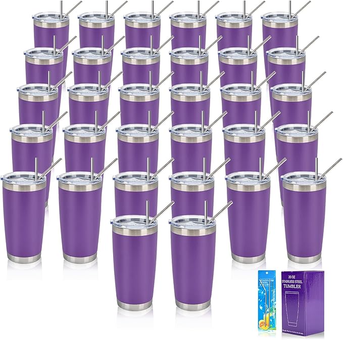 IEOVIEE 32 Pack, 20oz Stainless Steel Bulk Tumblers with Lids and Straws, Double Wall Insulated Travel Coffee Mug, Durable Powder Coated Tumbler Bulk Cup for Cold and Hot Drinks(Purple)