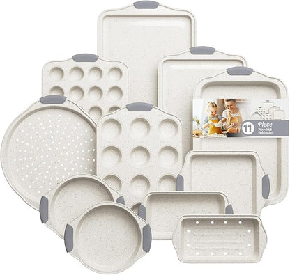 11-Piece Nonstick Baking Pans Set, Stackable Non Toxic Bakeware Sets with Cookie Sheets, Cake Pan, Loaf Pan, Pizza Pan, Muffin Pan, White&Gray