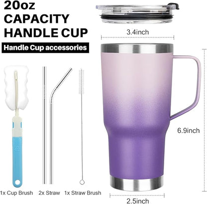 20 oz Tumbler with Handle, Stainless Steel Insulated Tumbler with Lid and Straw, Double Wall Vacuum Coffee Mug Tumbler, Insulated Coffee Thermal Cup for Cold and Hot (Light Dark Purple, 20, ounces)