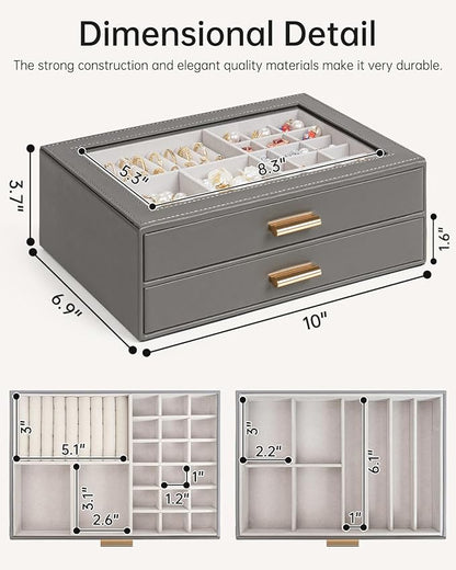 AKOZLIN Jewelry Box with Clear Lid Functional Leather Jewelry Storage Organizer Case 2 Drawers for Women Girls Necklace Ring Bracelet Earring