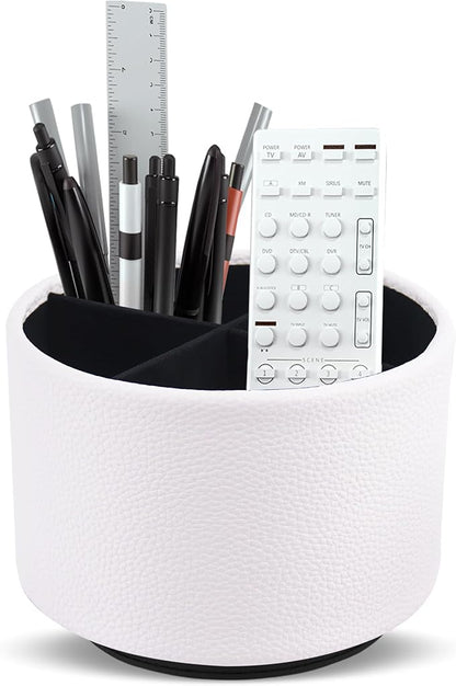Hennaja Round Leather Art Supply Organizer,Remote Control Holder,360 Degree Spinning,Multi-Functional Pencil Holder,4 Compartments Desktop Stationary Organizer(1-Lichee White)