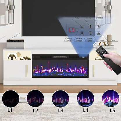 PRETZI Fireplace TV Stand with 36" Fireplace Up to 80" TVs, 70" Entertainment Center with LED Lights, Remote Control, TV Media Console with Storage Cabinets for Living Room, White