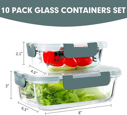 VERONES 10 Pack Glass Meal Prep Containers, Airtight Glass Lunch Containers, Stackable Glass Food Storage Containers Set with Lids,BPA-Free, for Microwave, Oven, Freezer & Dishwasher Friendly,Grey
