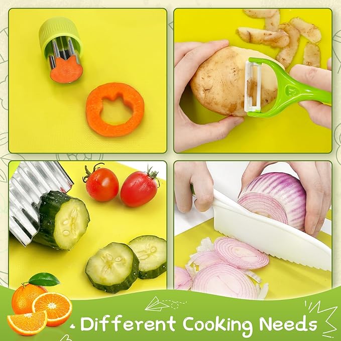 Chanking 17 Pieces Kids Safe Knife Set for Real Cooking Child-Friendly Plastic Chef Tools Montessori Kitchen Toys for Toddlers Birthday Gifts for Boys and Girls Ages 4+ (A)