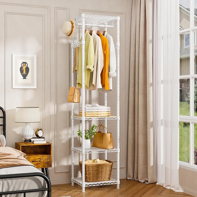 R1 Clothes Rack Heavy Duty, Clothing Racks for Hanging Clothes, Garment Rack with Storage Shelves, Small Coat Rack Freestanding for Entryway, Hallway, Bedroom, Max Load 448 Lbs, White
