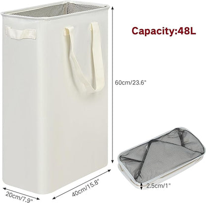 efluky Slim Laundry Basket, Narrow Laundry Hamper with Handles, Collapsible Dirty Clothes Hamper, Tall Laundry Bin for Laundry Room, Dorm and Bedroom, 12.7 Gallons(48L) Beige